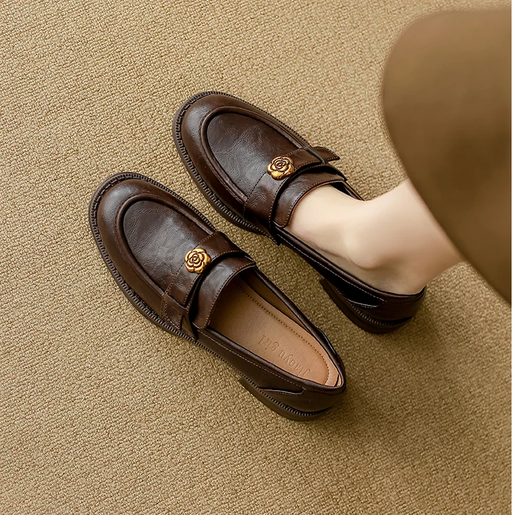 山茶花手工软底粗跟乐福鞋女新款英伦风春秋女复古小皮鞋女