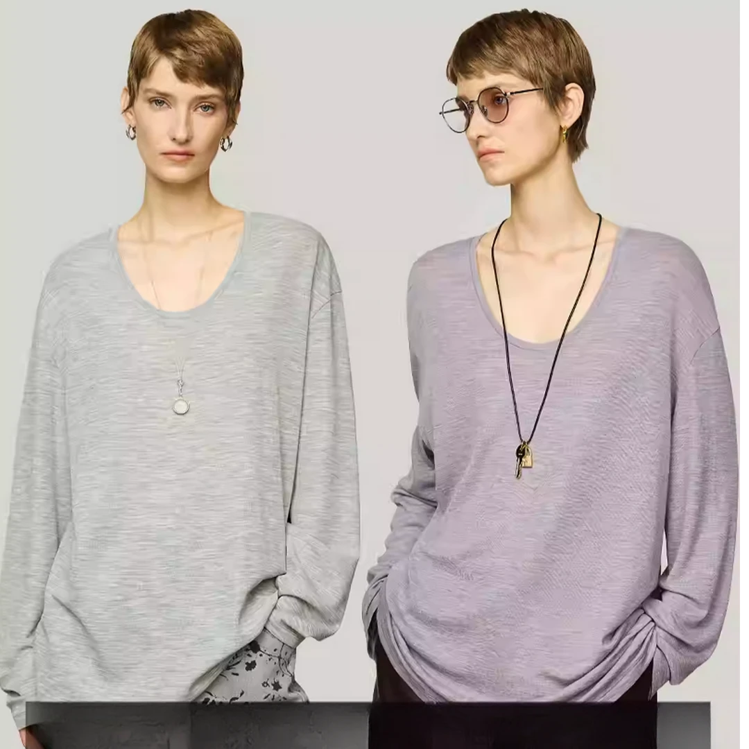 KEIGAN/开间定纺定染可水洗丝羊毛舒弹软糯佰搭U领长袖雨丝T