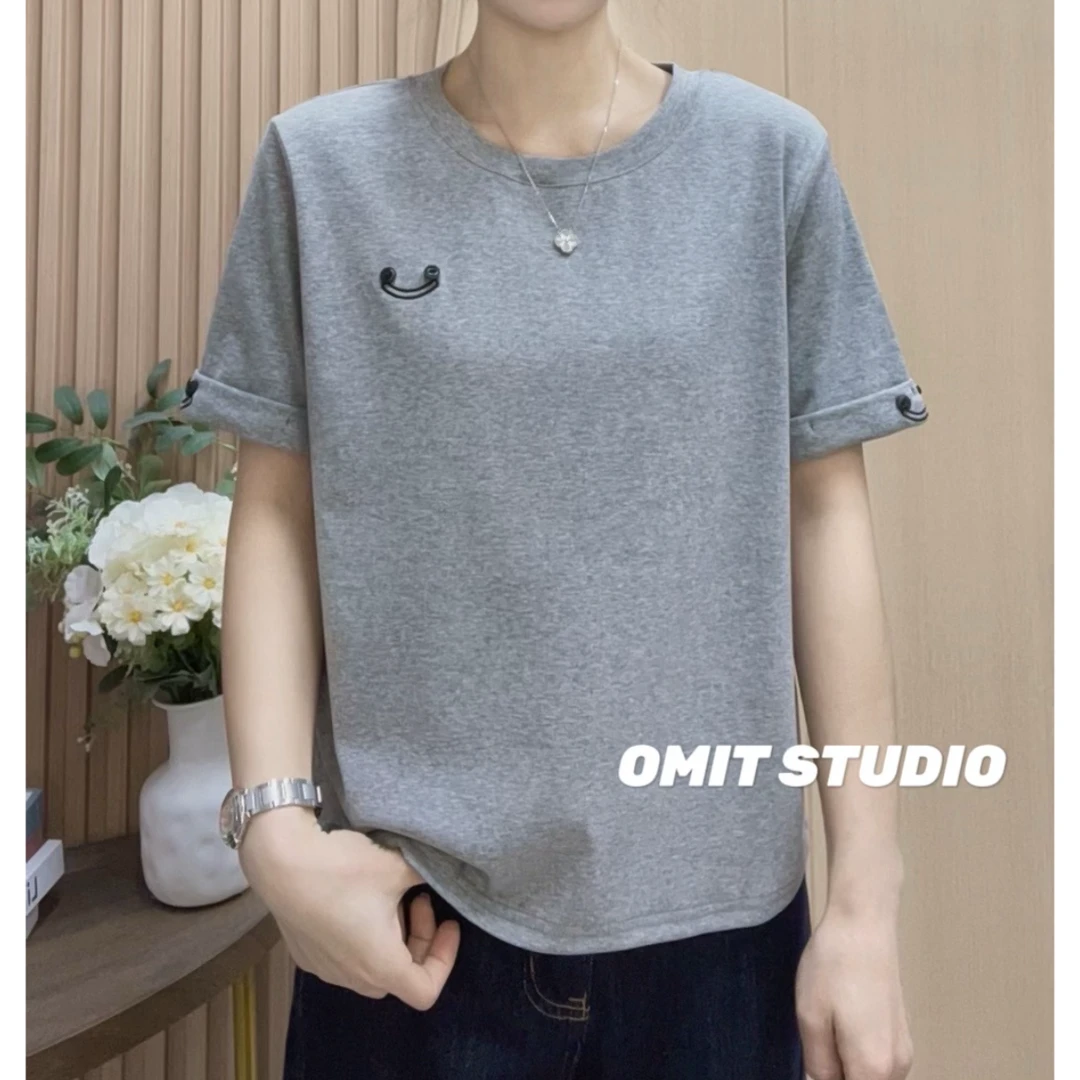 【纽扣灰T】新款弹力棉正肩常规版折袖休闲透气短袖