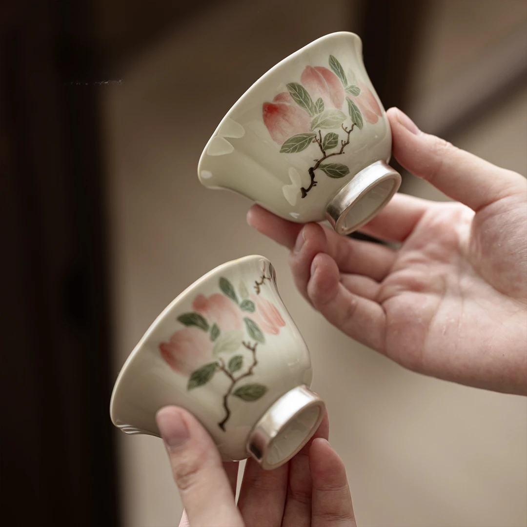 宜物宜心瑬银手绘桃子茶杯单杯陶瓷主人杯女士茶盏功夫茶具品茗杯