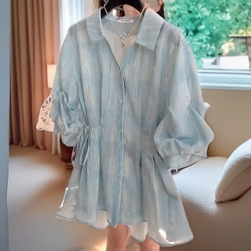 0691法式晕染衬衫女尤莱特夏季时尚收腰显瘦泡泡袖纽扣开衫上衣