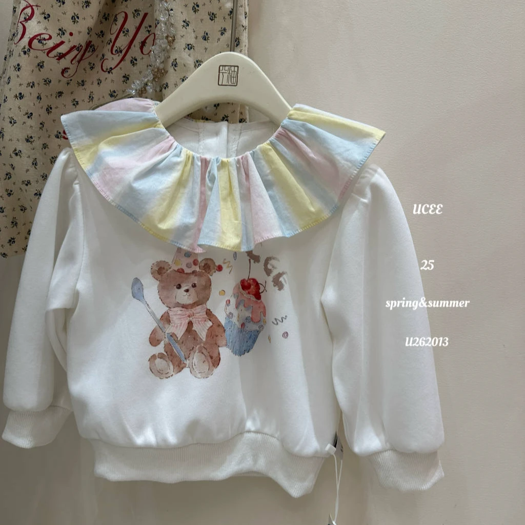 2025春季新款女童A类小熊蛋糕彩虹领百搭卫衣262013