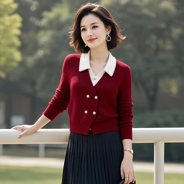 新款v领假两件毛衣针织衫女秋季慵懒风洋气显瘦上衣