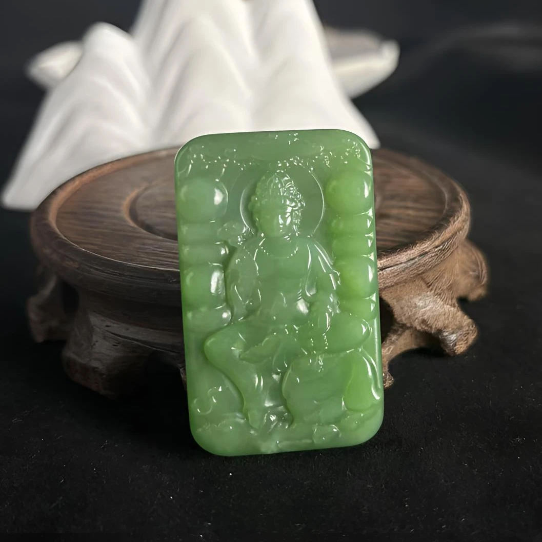 和田玉碧玉粉绿普贤菩萨吊坠