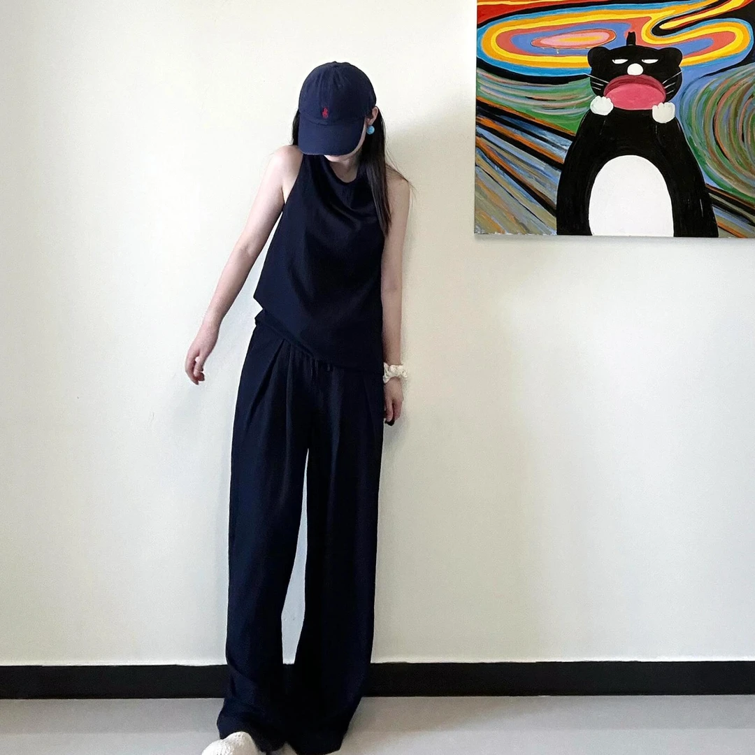 2025超火夏季松弛感穿搭小个子慵懒韩系荡领上衣阔腿裤休闲套装女