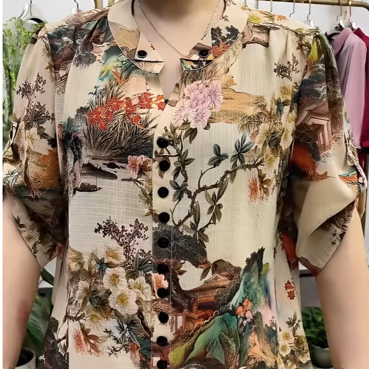复古国风印花衬衣2025夏季新款洋气妈妈装高档气质宽松显瘦上衣女