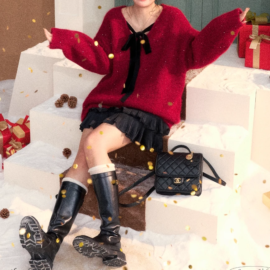 【岩心】大码女装300斤胖MM韩系显瘦甜感蝴蝶结毛衣半裙套装682