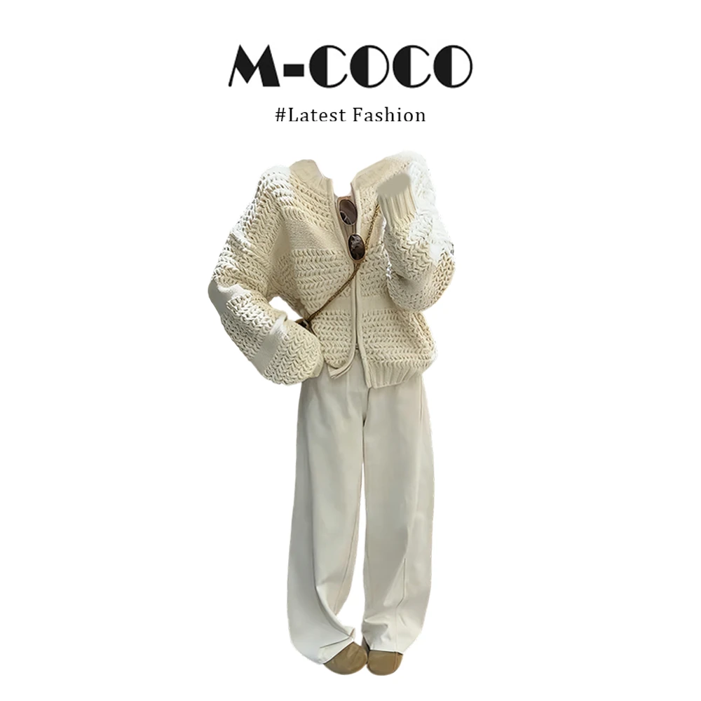 MARIE.COCO早秋穿搭软糯麻花针织开衫毛衣外套高腰阔腿休闲裤套装