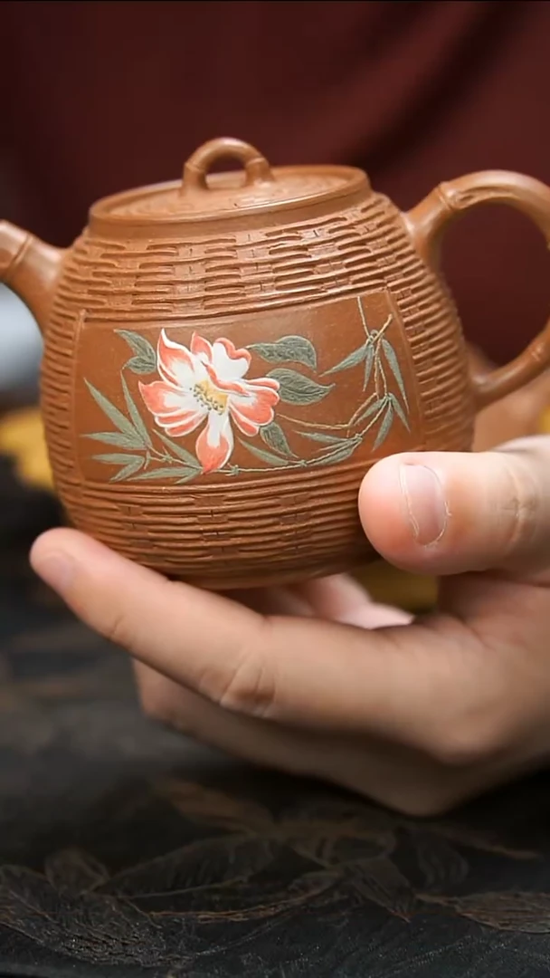 茶壶紫砂高 竹编粉花壶150cc
