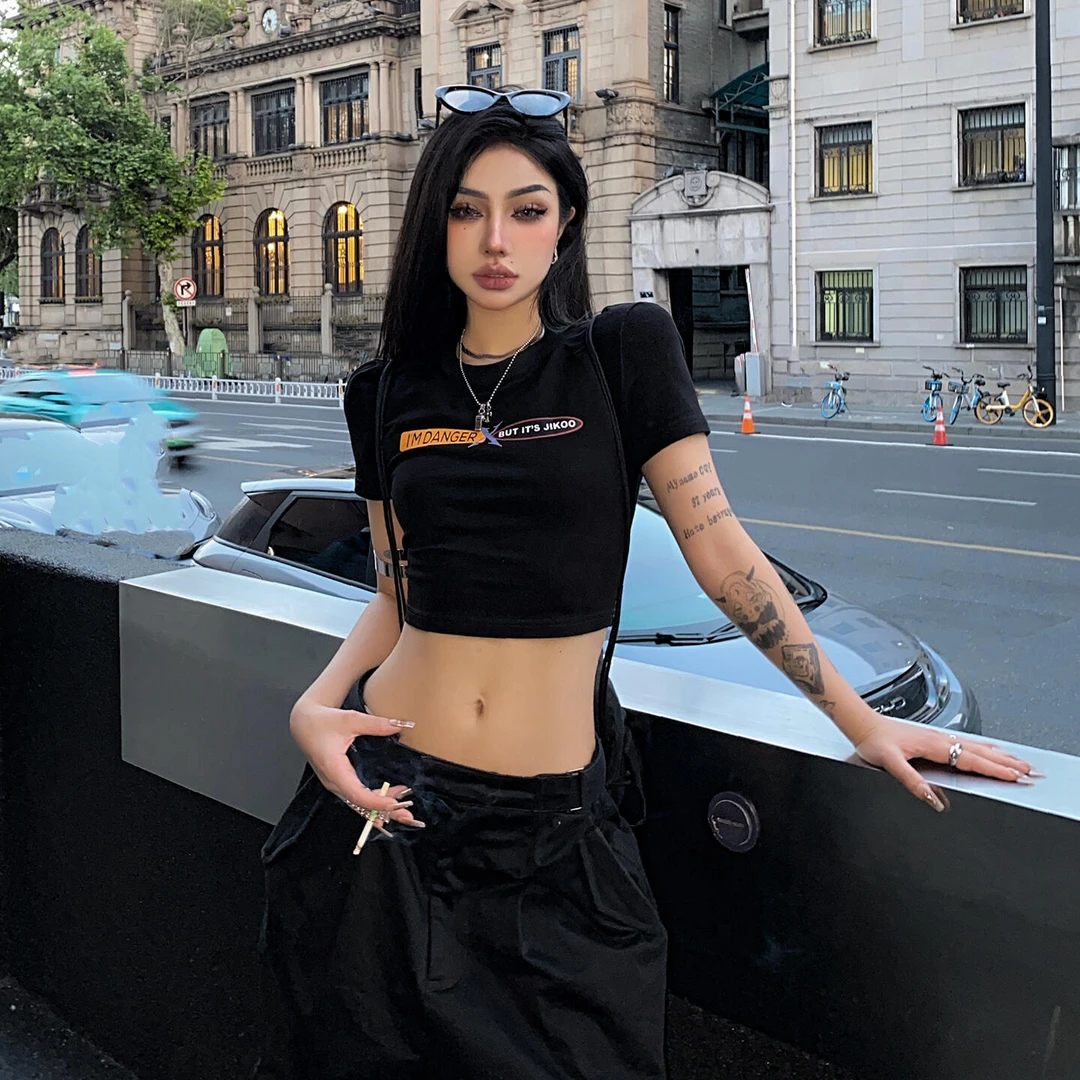 美式街头短袖女2025新款夏季辣妹复古短款T恤高腰显瘦修身上衣潮