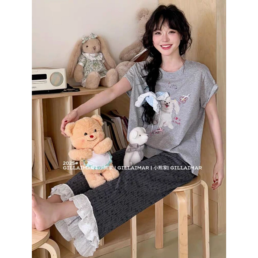 小熊同款家居服2025新款甜美花边条纹可爱卡通小狗睡衣套装女夏季