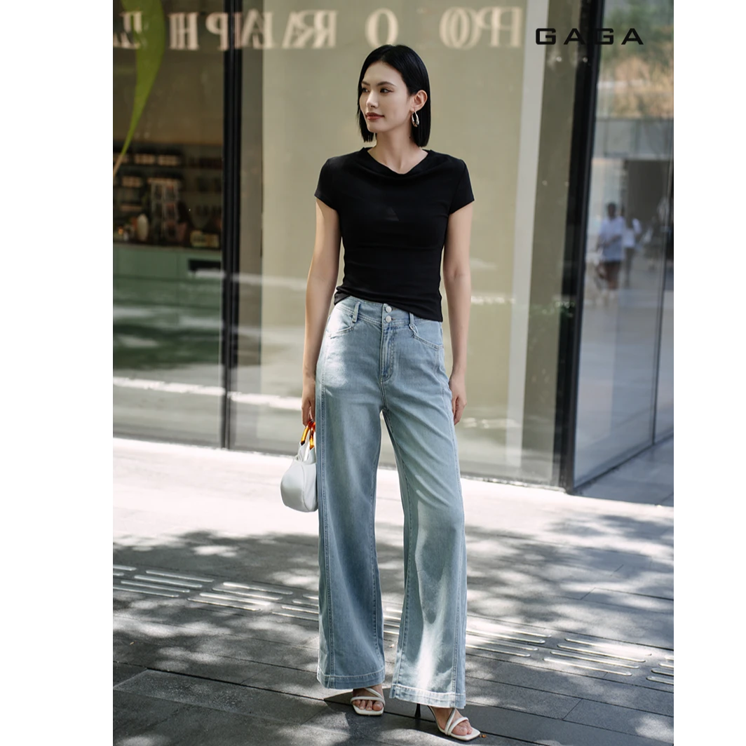 GAGA宽松复古薄款窄版阔腿裤清理透气垂感牛仔裤女G52P33043