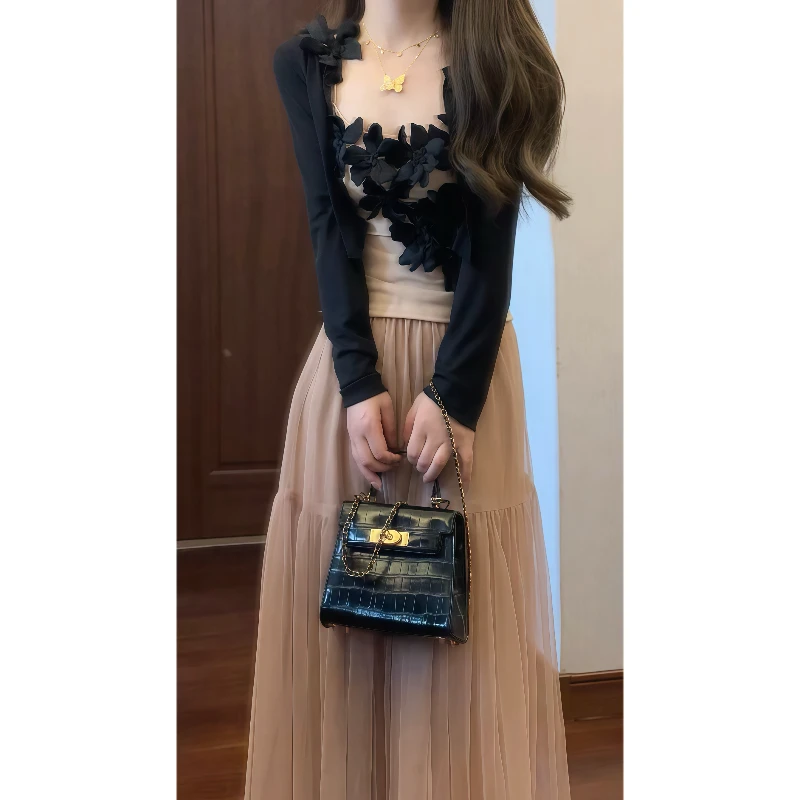 法式高级设计感立体花朵吊带上衣&网纱半身裙&针织开衫外披9739