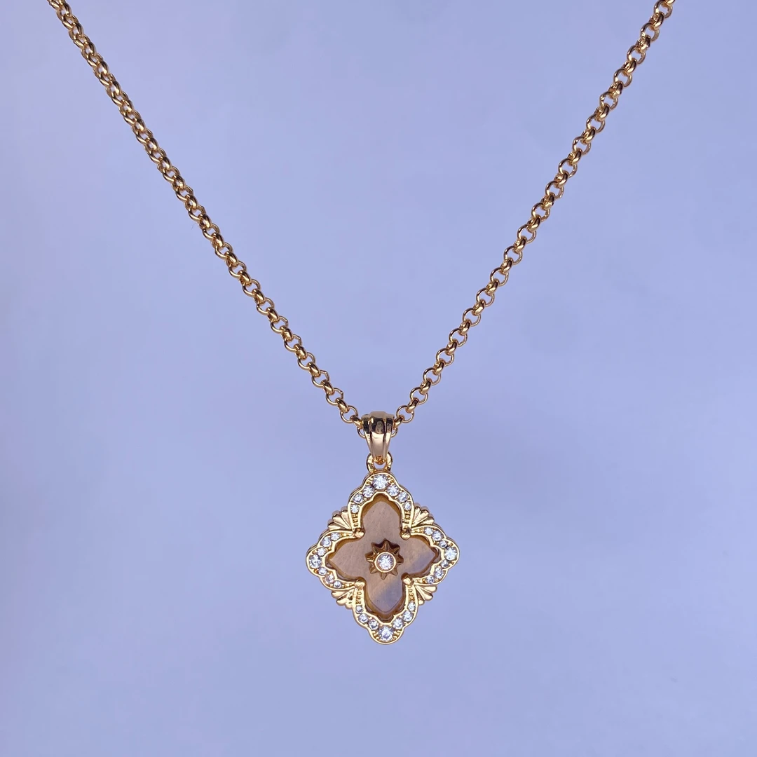 铜项链 布契风四叶草项链 复古轻奢双面可戴高级金虎眼锁骨链