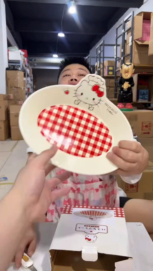 瓷片原盒kt猫红格子餐盘