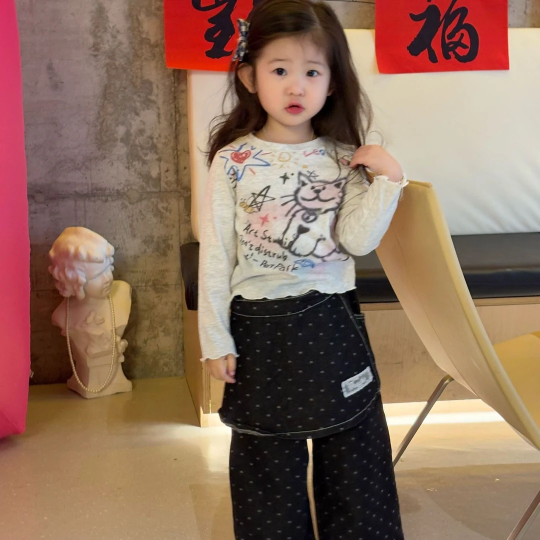 小言-韩版女童卡通印花长袖打底衫春季新款洋气上衣卡通涂鸦T恤