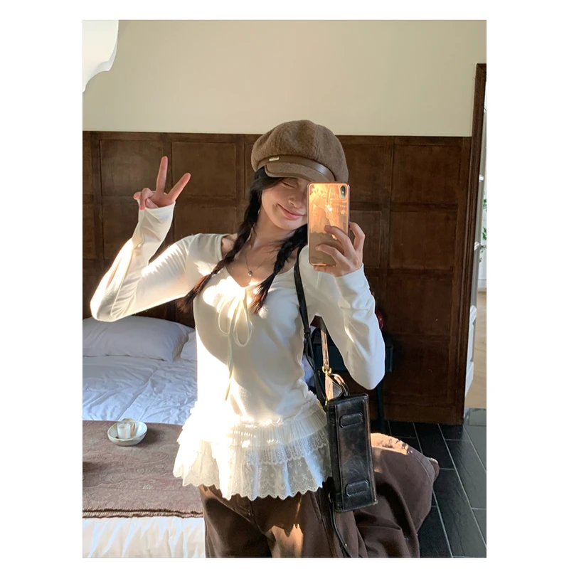 白色V领蕾丝绑带内搭打底衫女冬季修身巨好看长袖t恤上衣潮