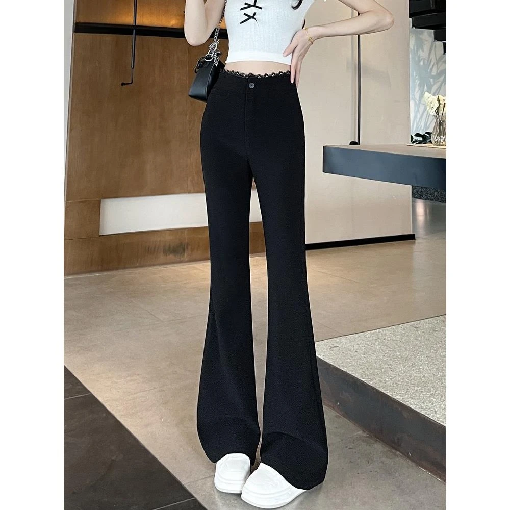 黑色蕾丝边显瘦收腹微喇叭西装裤女2025春夏新款高腰马蹄裤休闲裤