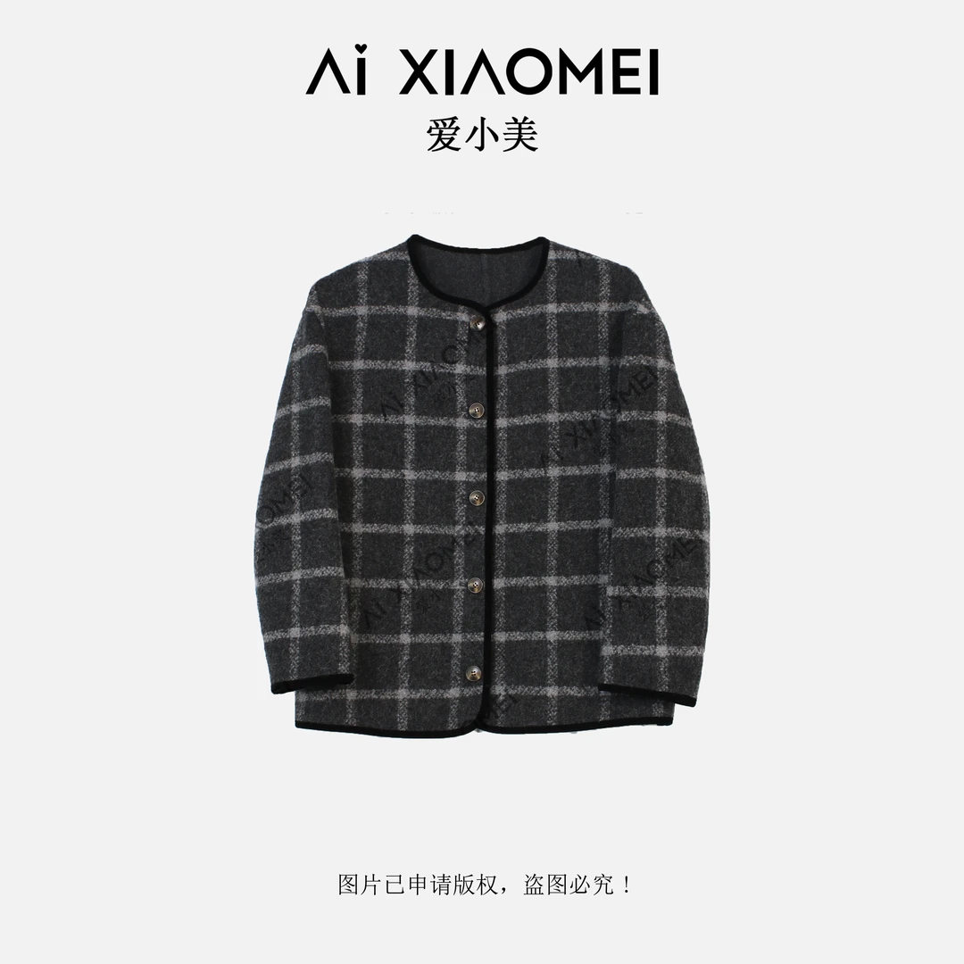 2025春季新款无领格子显瘦毛呢大衣WT-914