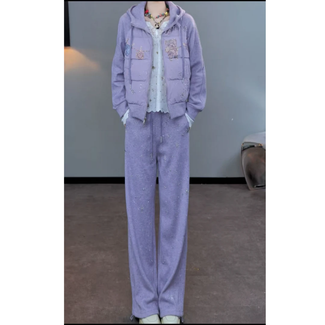 TCH私服秋冬慵懒风烫钻时尚淑女紫色套装女T75D07E1032轻奢tch