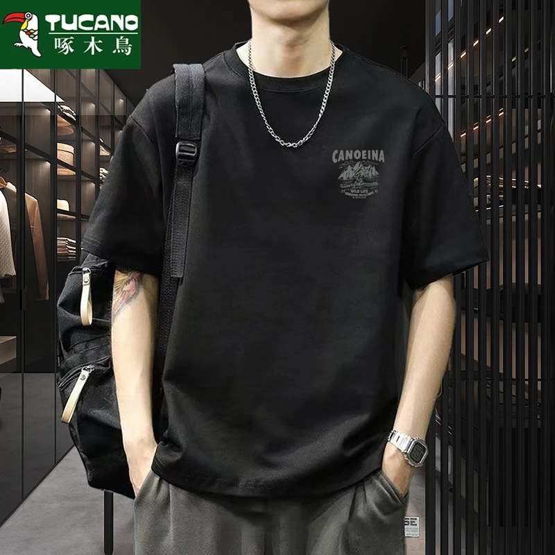 啄木鸟纯棉美式黑白色圆领短袖t恤男夏季新款字母印花潮牌上衣服