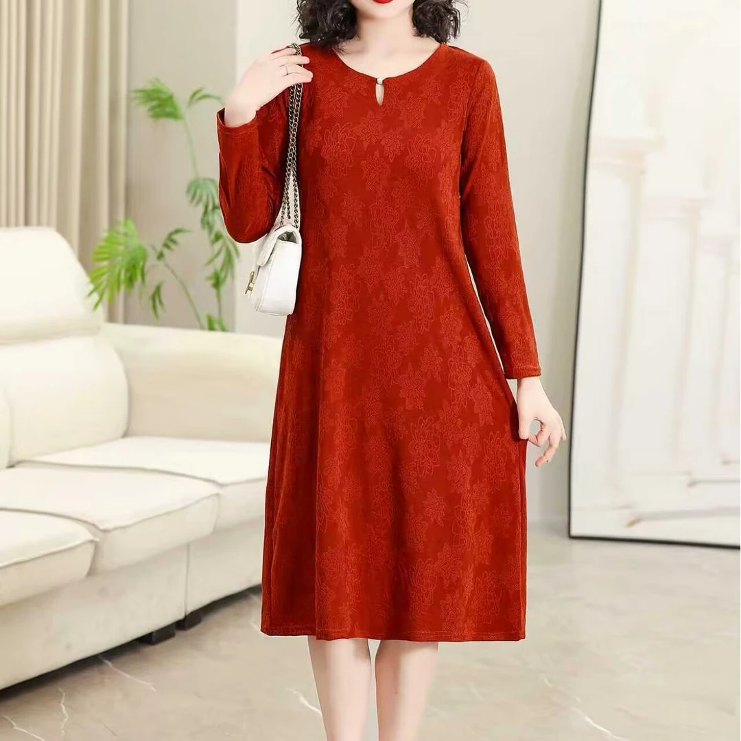圆领长袖桃心领长裙提花连衣裙蕾丝显瘦秋冬旗袍裙