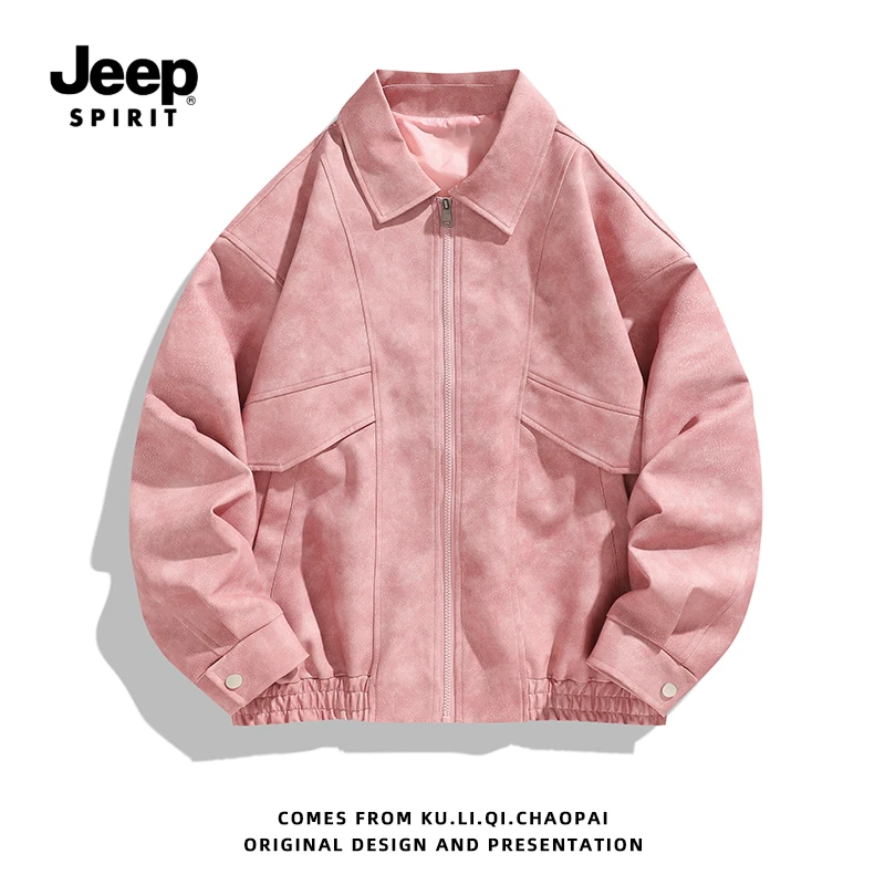 JEEPSPIRIT吉普美式复古翻领皮衣棒球服男女新款机车宽松夹克外套