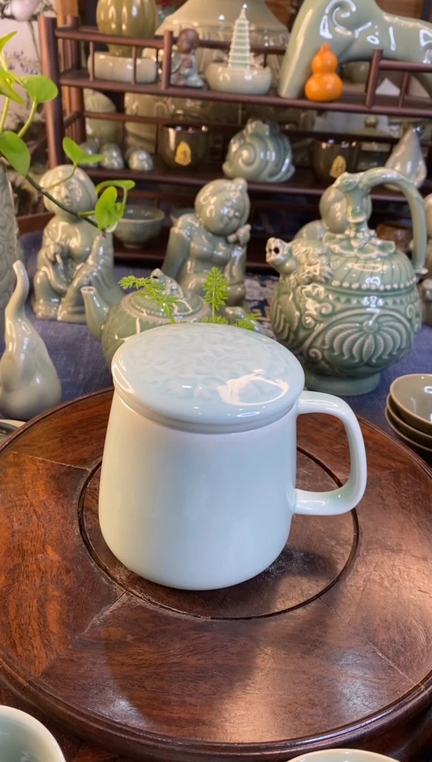 耀州窑 微瑕 天青牡丹素面茶漏杯【b000119】1只