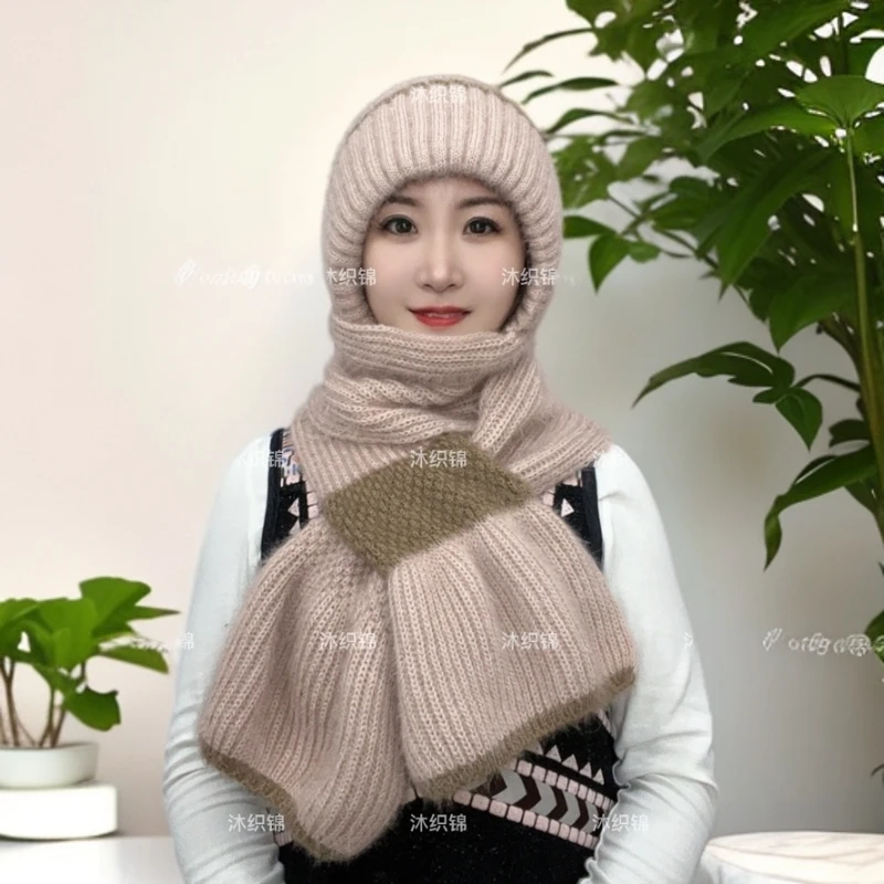 女款新款秋冬加绒加厚针织风雪帽围巾一体拼色帽子冬季保暖