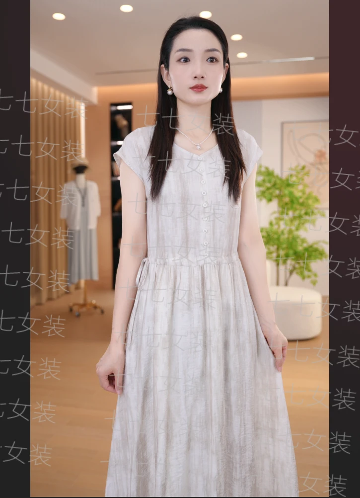 七七原创夏季新款飞飞袖气质时尚减龄文艺显瘦中长款连衣裙7738