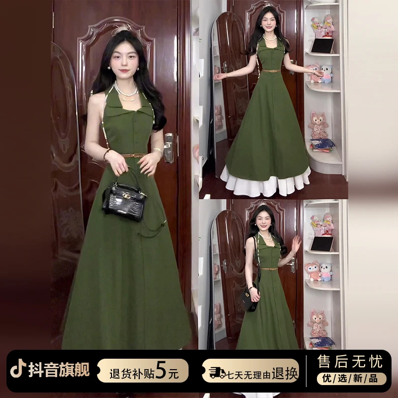 复古绿色polo领西装连衣裙子女装夏季高级感教资考试收腰无袖长裙