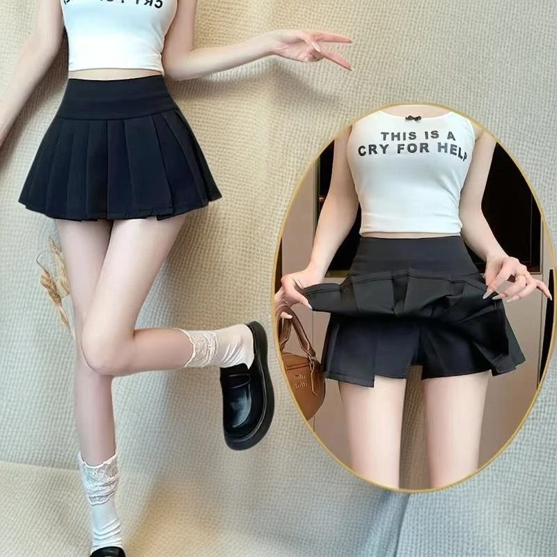 （601-650）春秋新款高腰显瘦开叉百褶半身裙