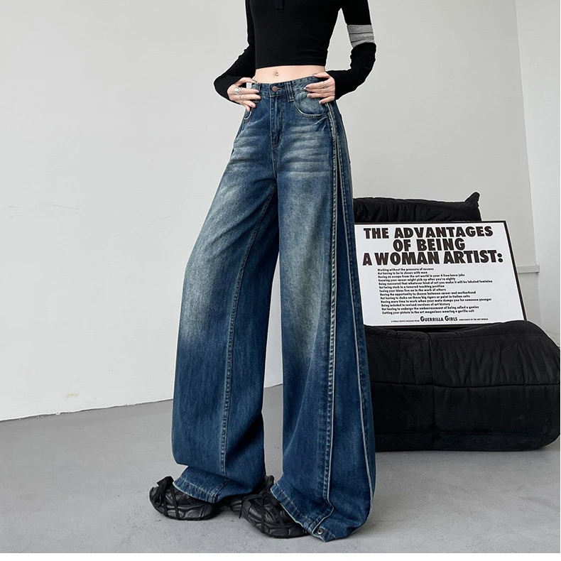 8007弯刀阔腿2025新款美式高街牛仔裤女春秋新款复古宽松拖地裤子