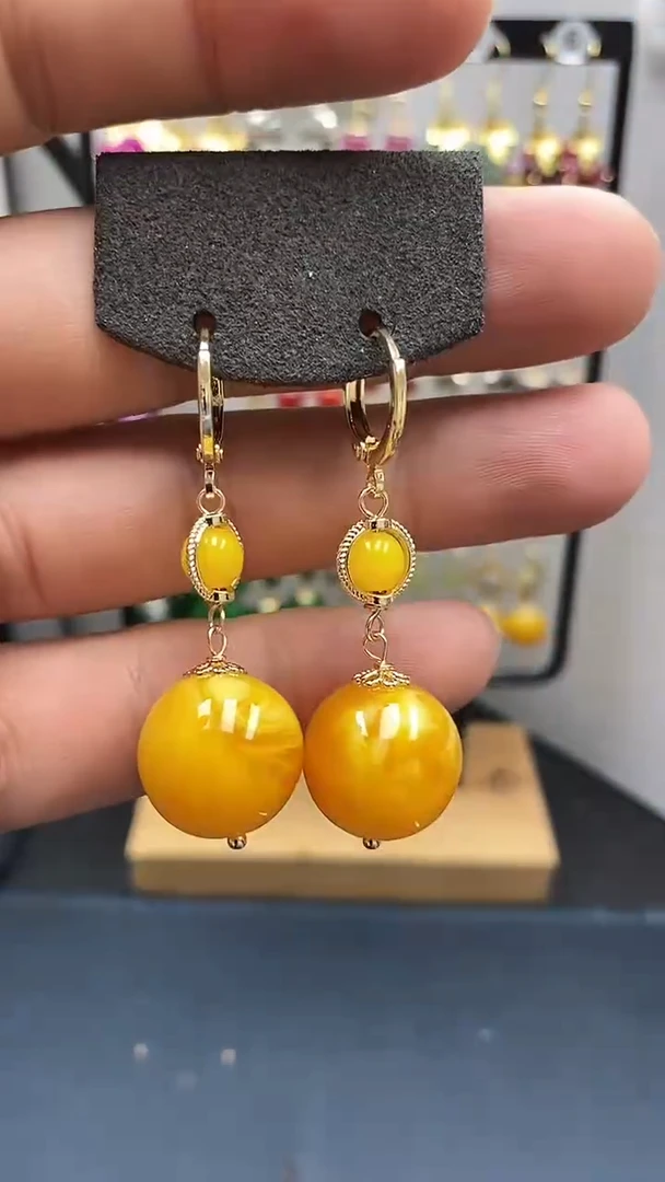 银S925镀金镶嵌蜜蜡耳饰尺寸16mm耳扣D1