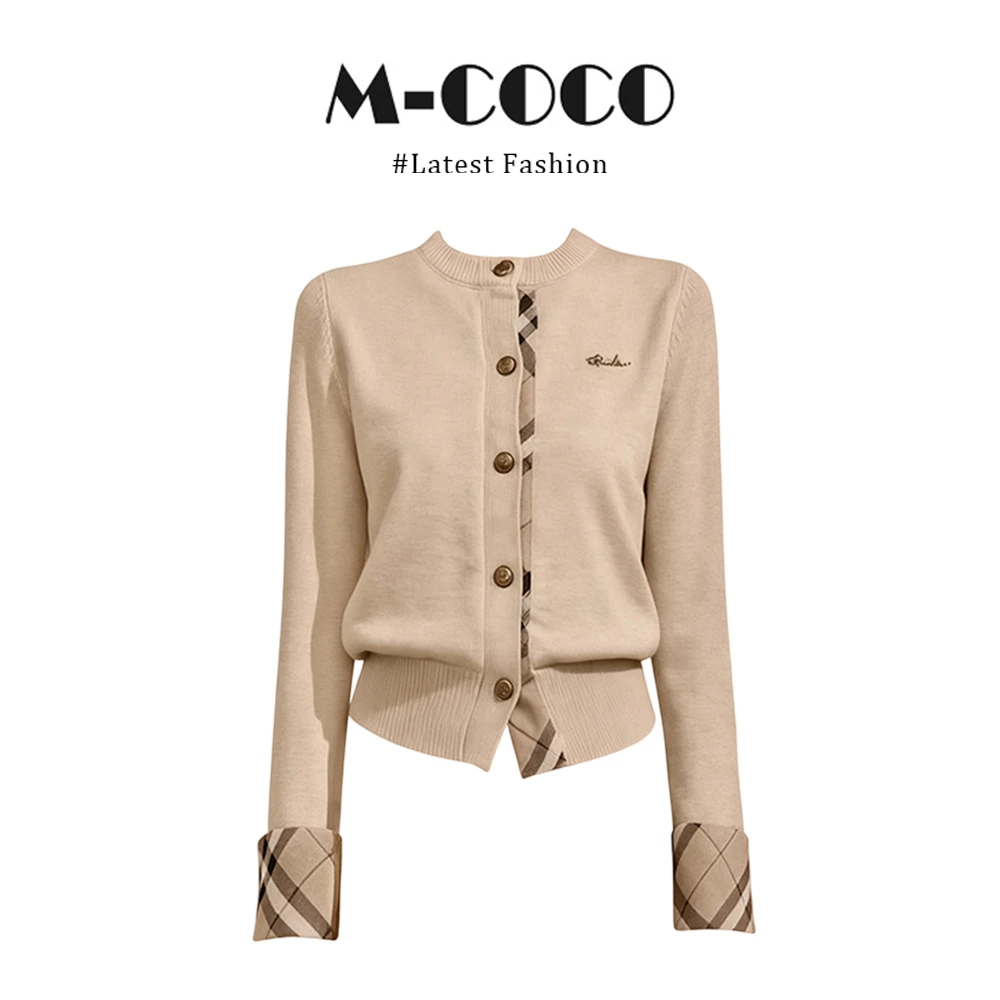 parkyeon【英伦往事】格纹撞色圆领针织开衫女秋冬新款假两件上衣