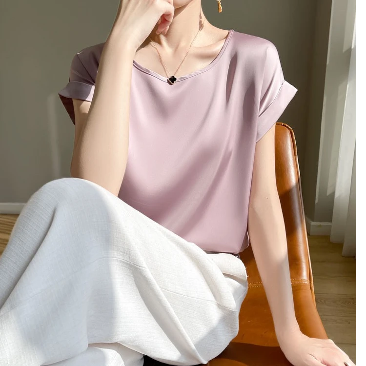 100%桑蚕丝 小飞袖欧美风气质卷边真丝上衣短袖休闲夏季纯色U领