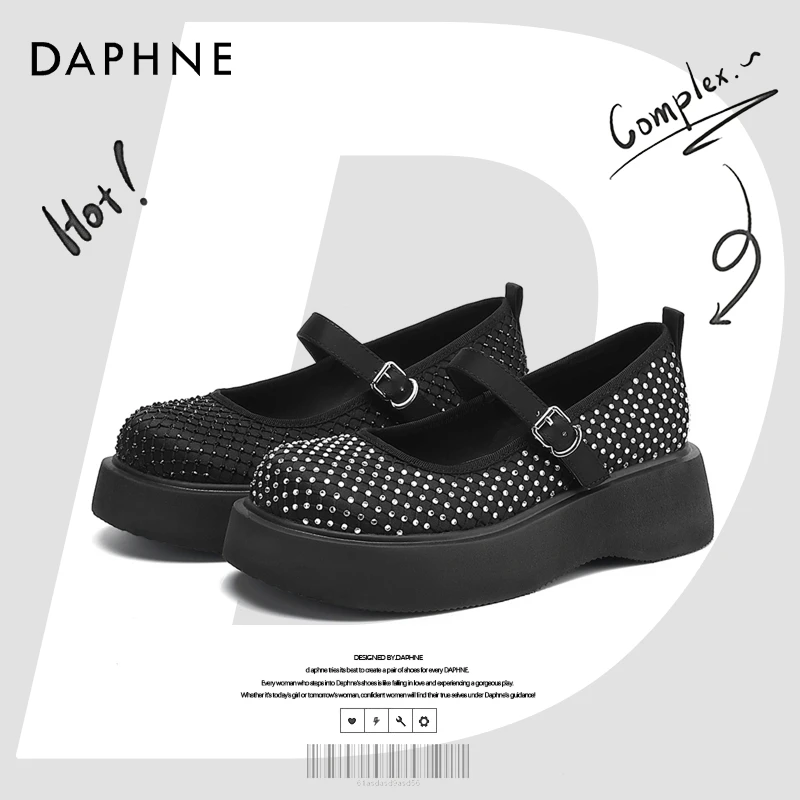 达芙妮网红爆款水钻黑色玛丽珍女鞋2025春季厚底增高英伦风小皮鞋