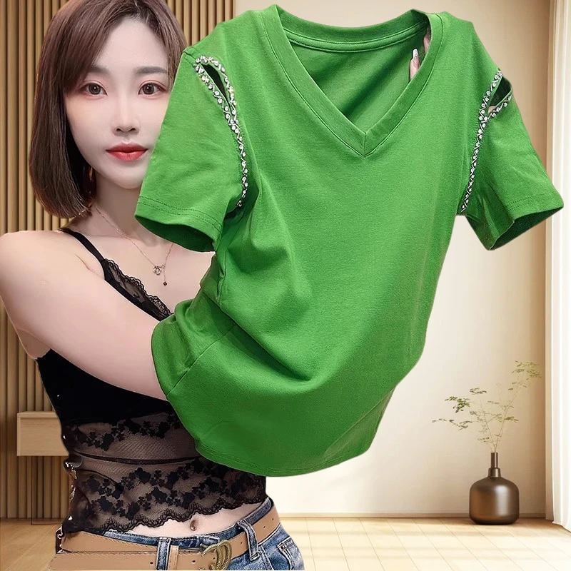 夏季纯棉正肩t恤女款V领镂空短袖设计感修身老钱风显瘦露肩上衣