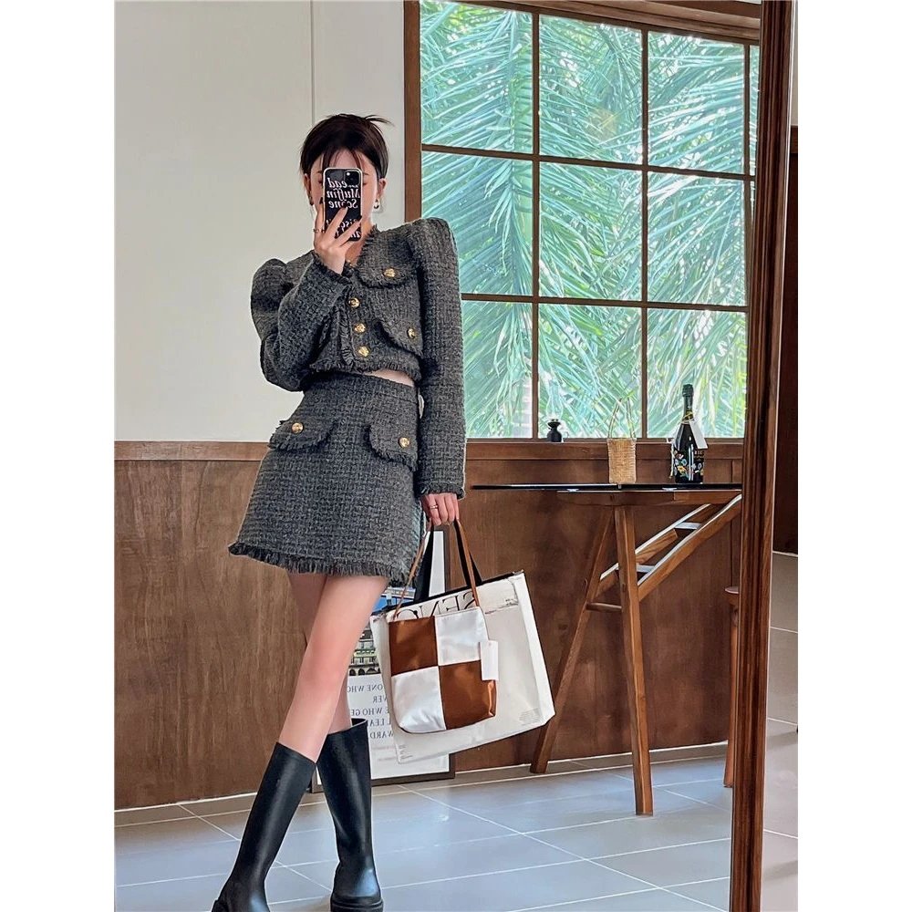 2025秋冬粗花呢口袋装饰外套高腰流苏半身裙小香风套装裙两件套
