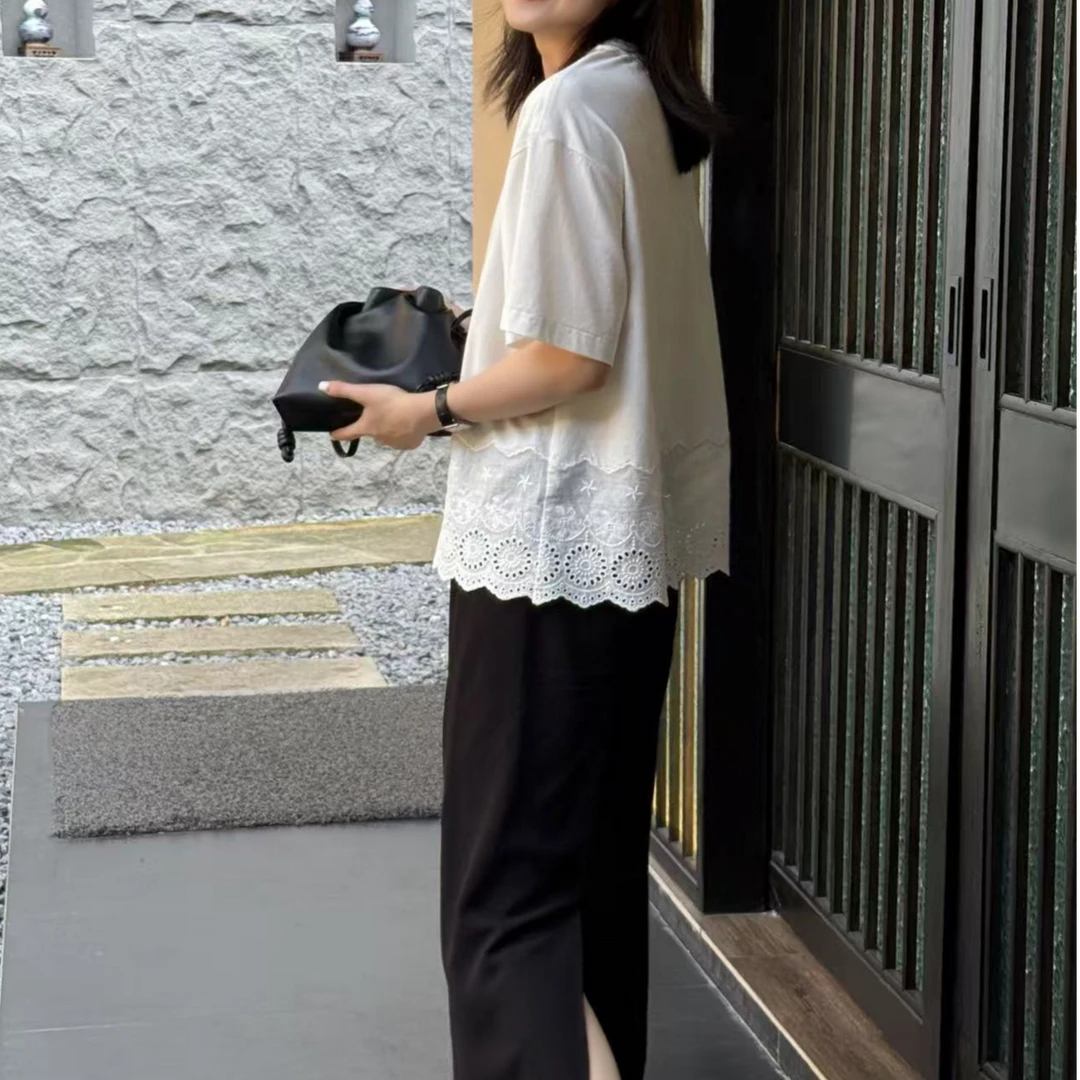 【ZHUANG -Z】（浮云）索罗娜凉感拼接显瘦百搭气质T恤镂空蕾丝短袖
