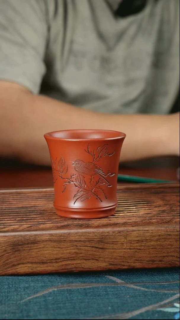 茶杯紫砂大红袍竹节花鸟