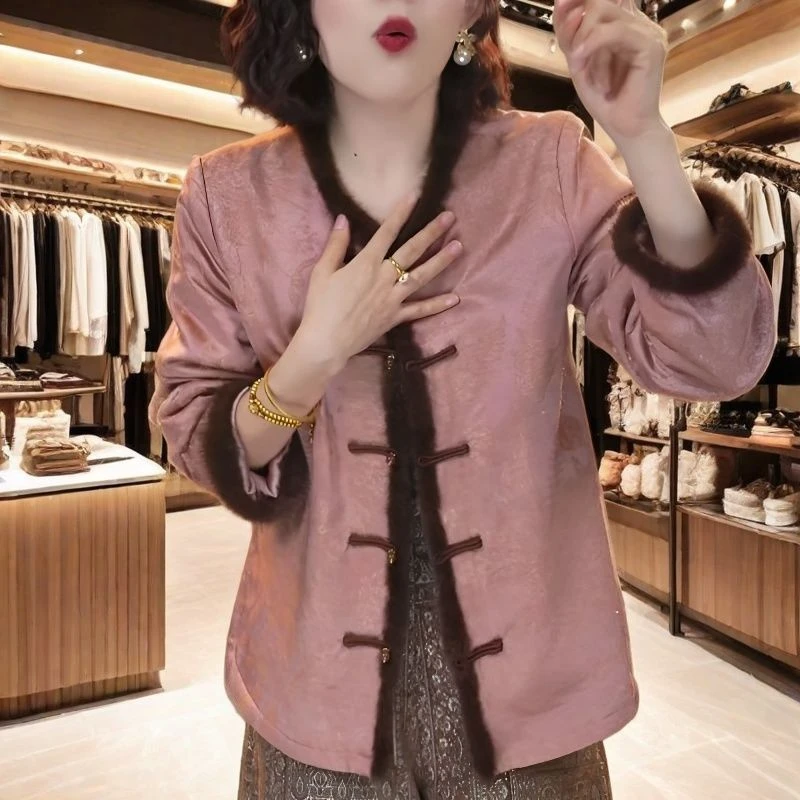 圆领长袖提花新中式短外套女士民族风拼色复古秋冬季唐装棉服气质