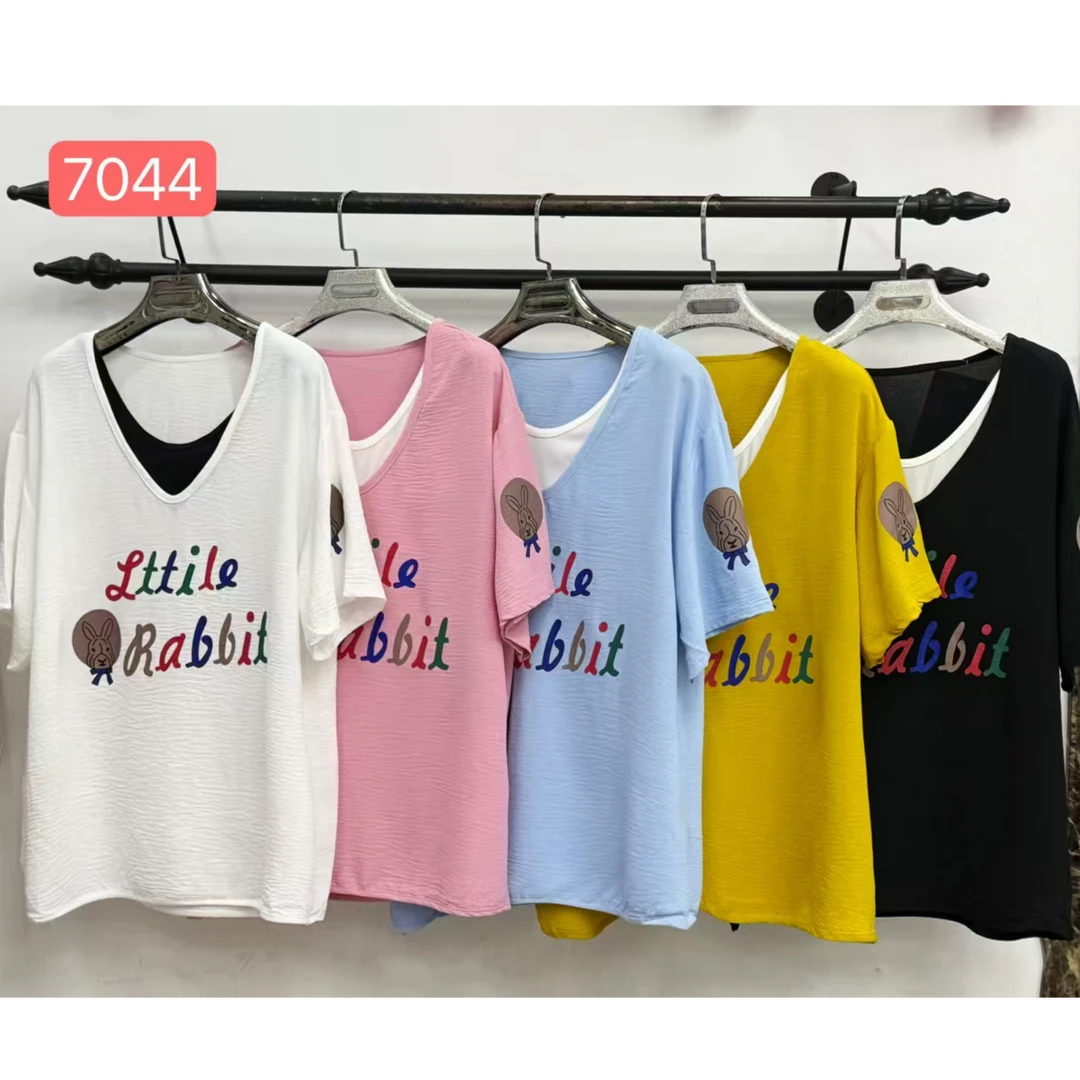 夏季新款大码宽松冰丝邹V领字母短袖衫