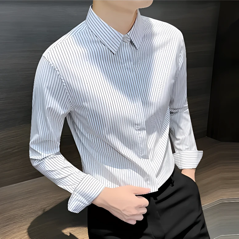 男士高档长袖衬衫春夏季新款条纹高级抗皱轻商务休闲修身痞帅衬衣