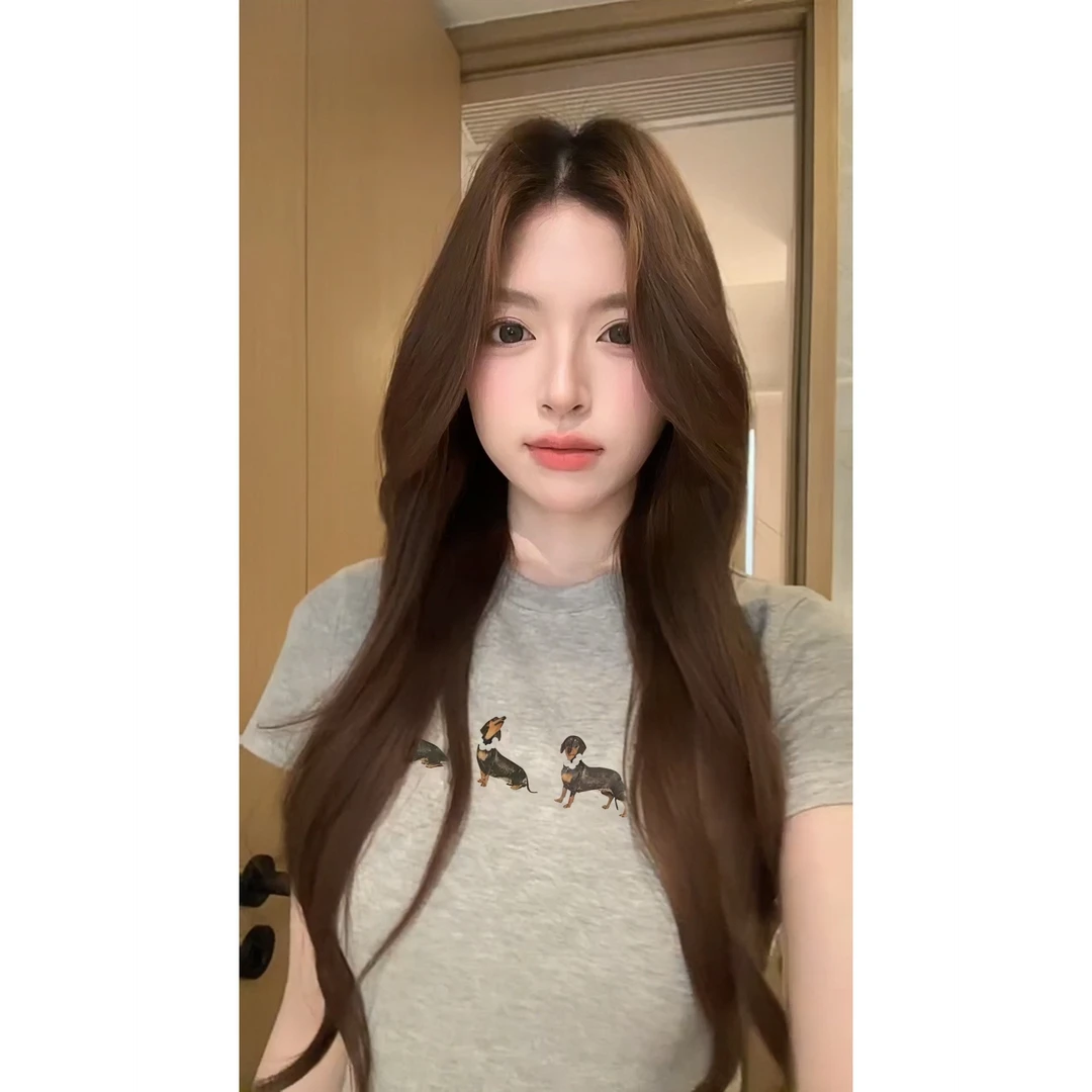 夏季新款时尚气质高级感女装百搭腊肠狗女t恤短袖美式辣妹风上衣