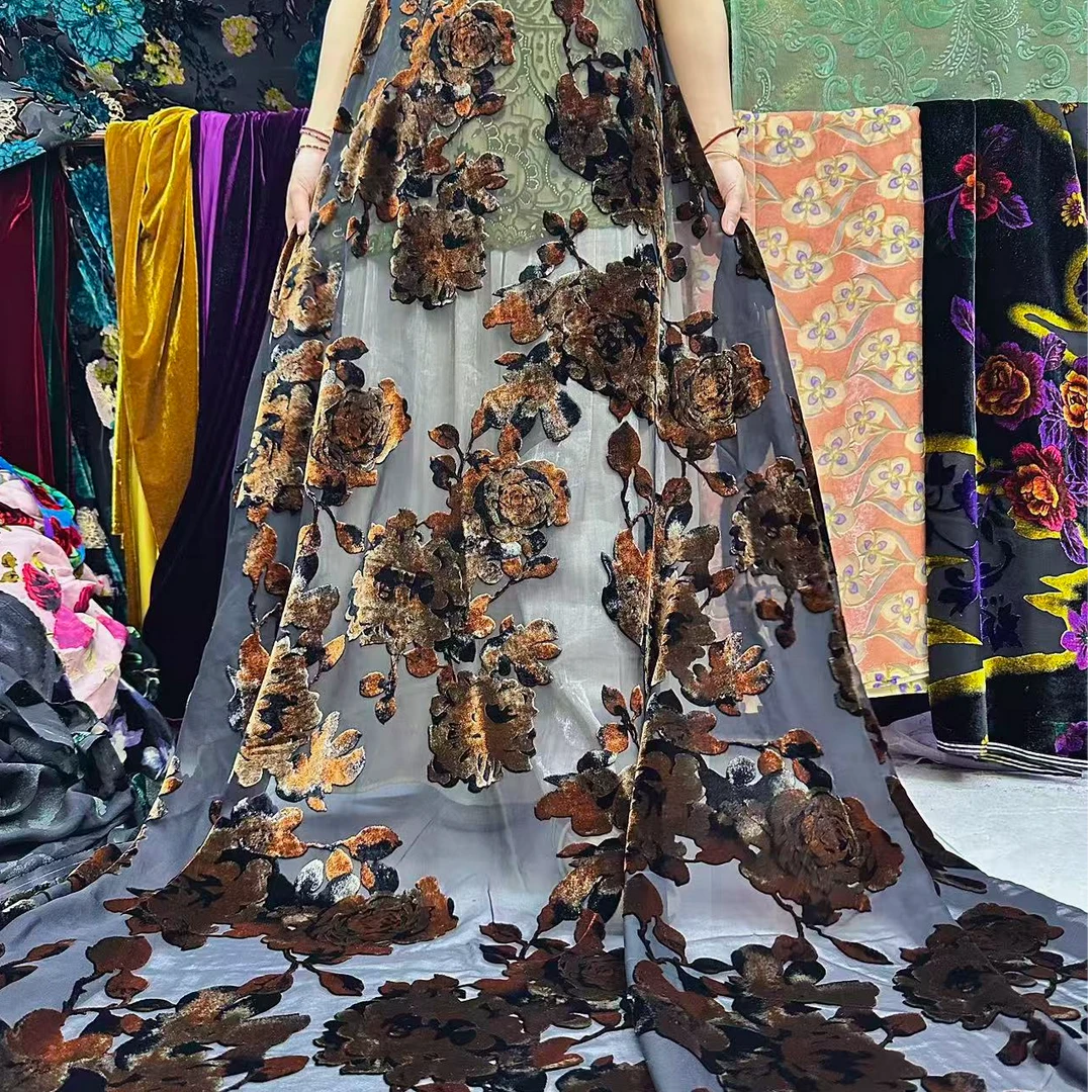 【黑底金咖牡丹花】彩绘植物真丝烧花丝绒高端私人订制服装面料