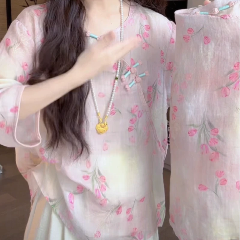 国风休闲麻感圆领新中式斜襟中袖衬衫小衫女