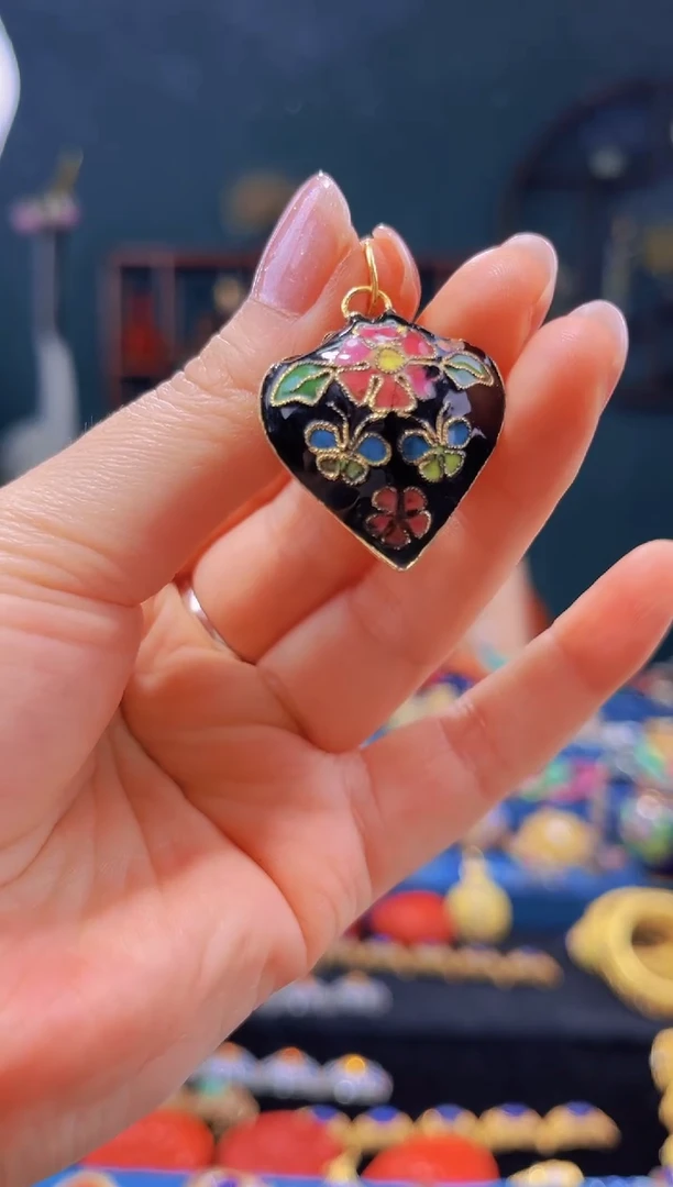非遗绝技 景泰蓝心形吊坠 黑