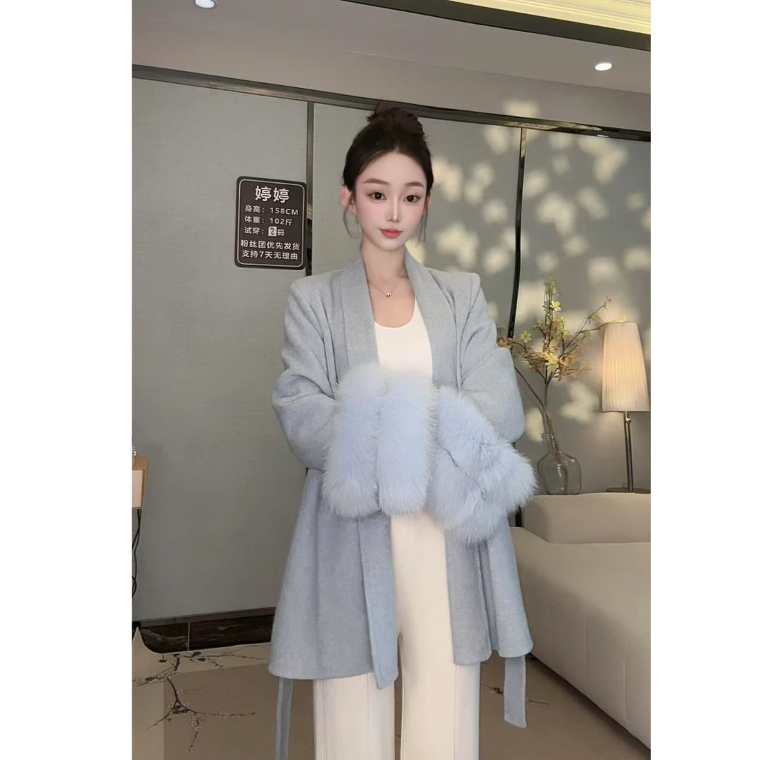 “夜与都柏林” 2025新款双面羊毛大衣女狐狸毛高级感羊毛外套