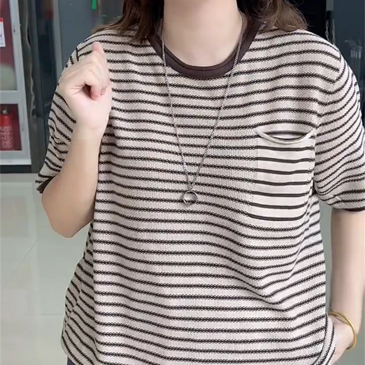 撞色条纹T恤女夏季新款宽松显瘦上衣欧货圆领慵懒风短袖针织衫潮